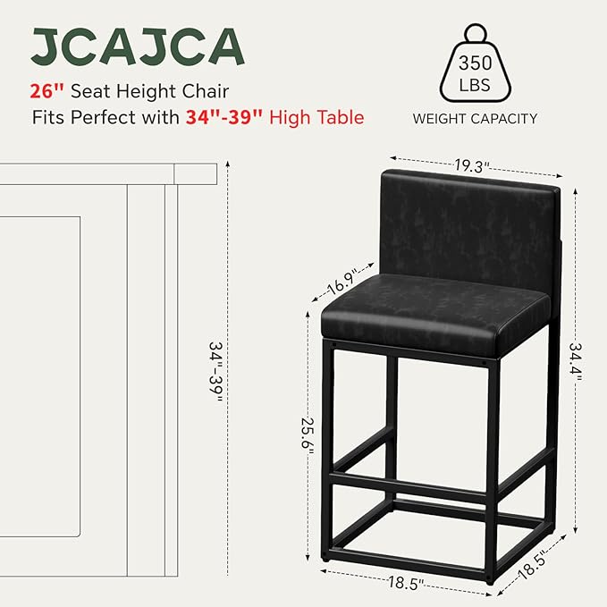 Barstools Set of 2 Black Metal Bar Stools Modern Bar Chairs Pu Leather for Kitchen Island Counter Height Cafe Resturant Stools, 26 Inch