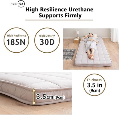 EMOOR Japanese Padded Futon Mattress Machi Small-Twin Gray, Gusset Foldable Storable Elastic Bands Floor Sleeping Guest Bed Tatami Mat