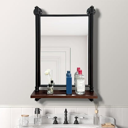Industrial Pipe Mirror Wood Shelves,Bedroom Mirror with Shelf,Rectangle Iron Wall Mirrors for Living Room Bedroom(29.5x19.68)