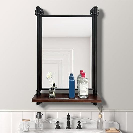 Industrial Pipe Mirror Wood Shelves,Bedroom Mirror with Shelf,Rectangle Iron Wall Mirrors for Living Room Bedroom(29.5x19.68)