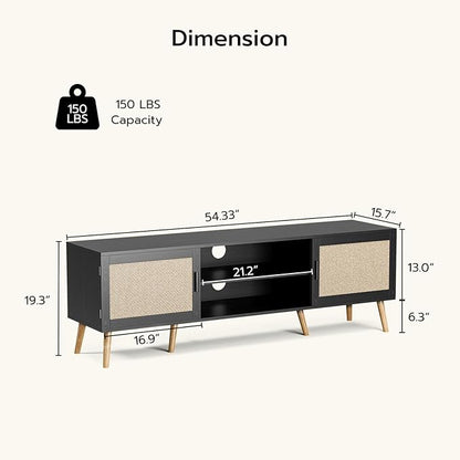 TV Stand for TVs up to 65'', Entertainment Center with Rattan Door, Shelves & 2 Cabinets, Boho Media TV Console for Living Room, Bedroom, Black