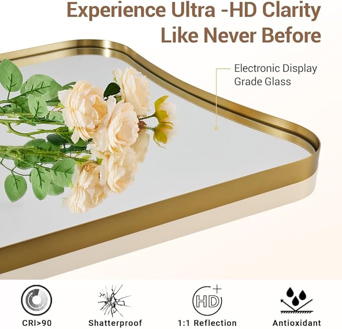 ANDY STAR 30x48 Inch Brushed Gold Mirror, Large Asymmetrical Wall Mirror, Antique Gold Mirror in Anti-Rust Stainless Steel Frame, Unique Designed Frame Ideal for Home Remodel