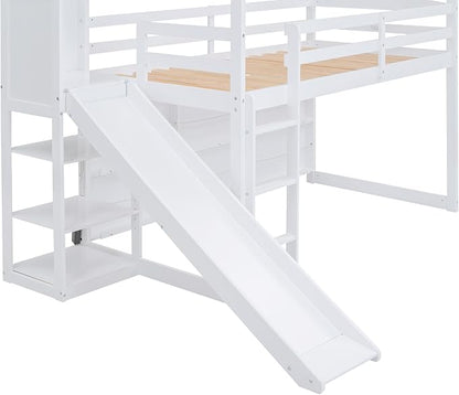 Twin Size House Loft Bed with Slide, Storage Shelves and Light, Wood Kids Bed Frame with Guardrail and Ladder,Climbing Ramp,for Teens Boys Girls Bedroom, White