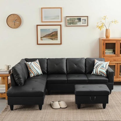 L-Shaped Sectional Sofa with Ottoman, Color Blocking Flannel Leather Right-Facing Modern Couch for Living Room, Bedroom, Office, Black Stripe