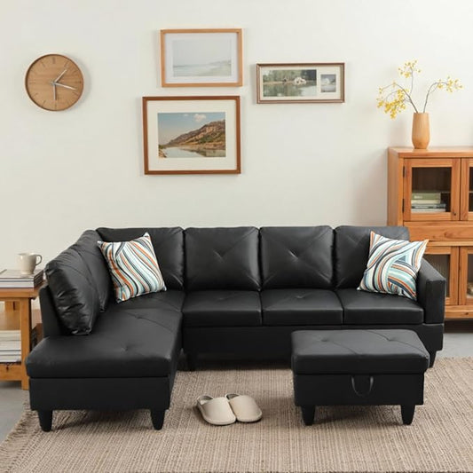 L-Shaped Sectional Sofa with Ottoman, Color Blocking Flannel Leather Right-Facing Modern Couch for Living Room, Bedroom, Office, Black Stripe