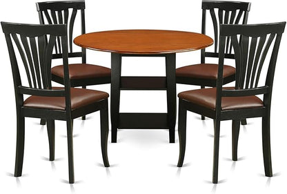 East West Furniture SUAV5-BCH-LC 5 Piece Dining Table Set for 4 Includes a Round Kitchen Table with Dropleaf & Shelves and 4 Faux Leather Dining Room Chairs, 42x42 Inch, Black & Cherry