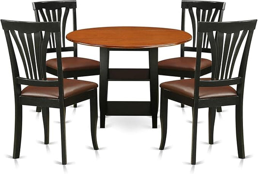 East West Furniture SUAV5-BCH-LC 5 Piece Dining Table Set for 4 Includes a Round Kitchen Table with Dropleaf & Shelves and 4 Faux Leather Dining Room Chairs, 42x42 Inch, Black & Cherry