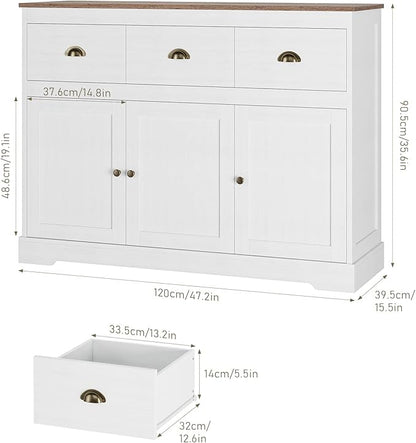 Keyluv Buffet Cabinet Storage Kitchen Sideboard Farmhouse Buffet Server Bar Wine Cabinet with 3 Drawers & 3 Doors Adjustable Shelves Console Table for Dining Living Room Cupboard, Antique White