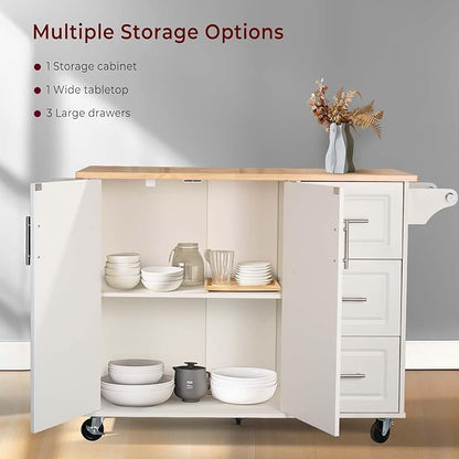 54" Rolling Kitchen Island Cart with Storage, Large Kitchen Cart Cabinet with Folding Drop Leaf Breakfast Bar, Wood Island Table with 3 Drawers and Spice Rack & Towel Rack, White