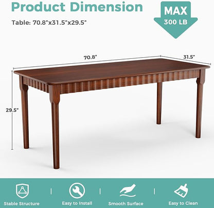 70.8 Inch Solid Wood Dining Table for 6-8, Farmhouse Table with Smooth Surface, Large Rectangular Kitchen Dinner Table for Restaurant, Living Room, Kitchen, Easy Assembly, Walnut