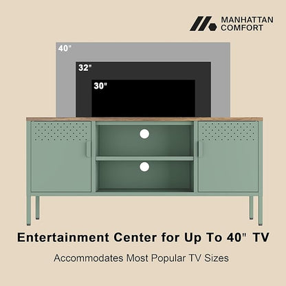 Manhattan Comfort Landen 47" Modern Metal TV Stand with Storage Cabinets & Open Shelves, Holds Up to 40" Screen, TV Console with Natural Wood Top, Cable Management, Adjustable Legs, Green