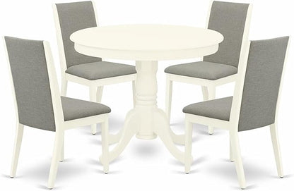 East West Furniture ANLA5-LWH-06 5 Piece Dining Room Furniture Set Includes a Round Kitchen Table with Pedestal and 4 Shitake Linen Fabric Parsons Dining Chairs, 36x36 Inch, Linen White