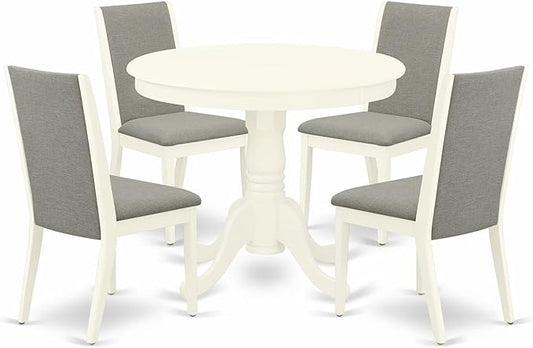 East West Furniture ANLA5-LWH-06 5 Piece Dining Room Furniture Set Includes a Round Kitchen Table with Pedestal and 4 Shitake Linen Fabric Parsons Dining Chairs, 36x36 Inch, Linen White