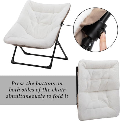 HollyHOME X-Large Saucer Chair, Comfy Oversized Folding Chair, Faux-Fur Reading Chair for Teens, Adults, Foldable Accent Lazy Chair, Metal Frame Lounge Chair for Living Room, Bedroom, Dorm, White
