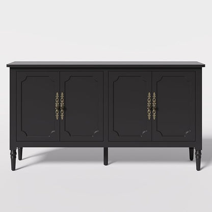 Console Cabinet, 58'' Mid Century Modern Pantry Sideboard, Wood Buffet Cabinet, Media Cabinet with 4 Doors, Accent Cabinet for Entryway, Living Room, Dining Room (Black)