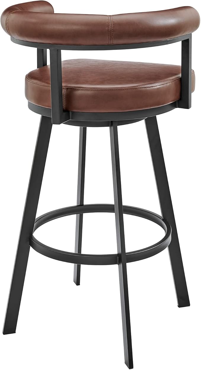 Armen Living Magnolia Swivel Bar Stool in Black Metal with Brown Faux Leather