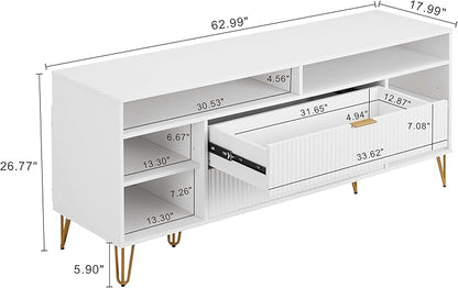 Manhattan Comfort Dumbo Mid Century Modern TV Stand for Televisions up to 60 Inches, Home Entertainment Center with Storage, 6 Shelves, 2 Drawers, No Tool Assembly, 63" Wide, White