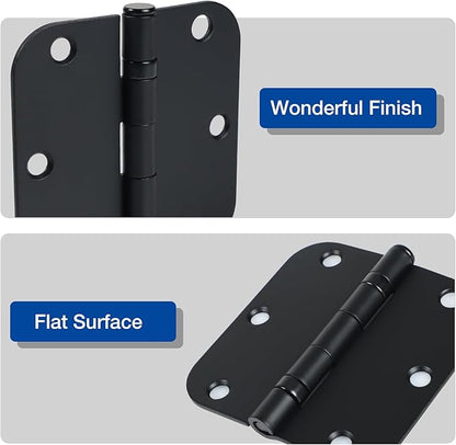 12 Pack Anti Squeak Matte Black Door Hinges 3.5 Inch 5/8" Radius Round Ball Bearing Interior 3-1/2"Flat Bifold Standard Bedroom Indoor for Doors 3 ½" Hardware Essentials House Home Decor Accessories