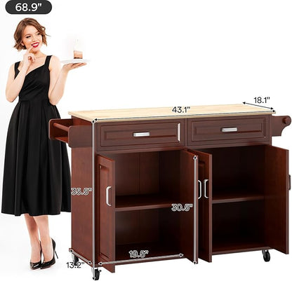 Rovibek Kitchen Island On Wheels Rolling Islands with Storage & Drawers Cabinet Spice Rack Towel Rack, Brown