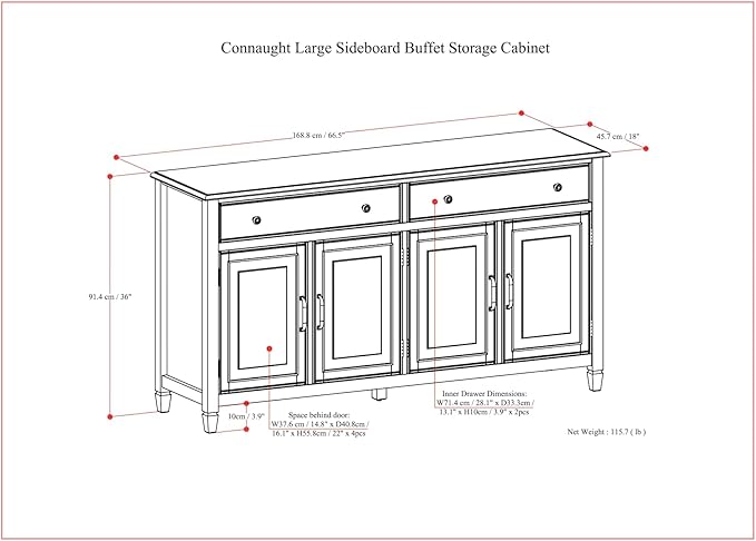 SIMPLIHOME Connaught SOLID WOOD 67 inch Wide Traditional Large Sideboard Buffet Storage Cabinet in Dark Chestnut Brown for the Living Room, Entryway and Family Room