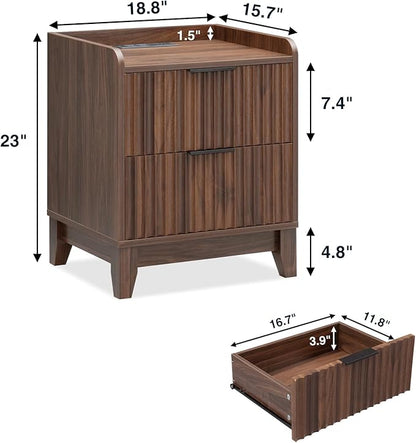 Wnutrees Fluted Nightstand with Charging Station, Modern Bedside Table with 2 Drawers, Farmhouse Wooden End Side Table for Living Room, Brown
