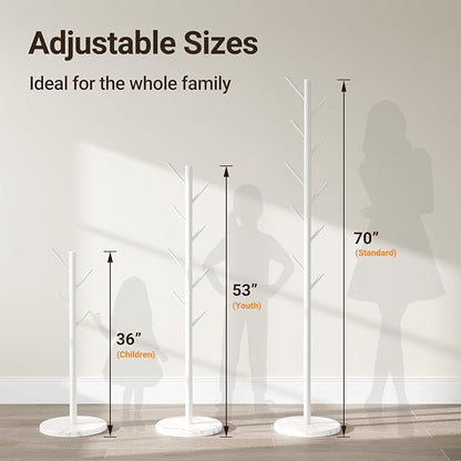 ELYKEN Coat Rack Freestanding with Natural Marble Base, Metal Coat Rack Stand with 10 Hooks, 3 Adjustable Size Coat Tree for Bags, Clothes, and Hats for Entryway, Bedroom, Hallway, Office, White