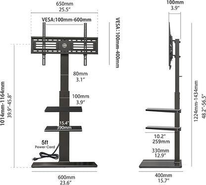 FITUEYES Floor TV Stand for 32-75 inch TV with Power Outlet, Tall TV Mount for Bedroom Living Room with Tempered Glass Base, TV Stand with Mount Holds Up to 88lbs MAX VESA 600x400mm,Black