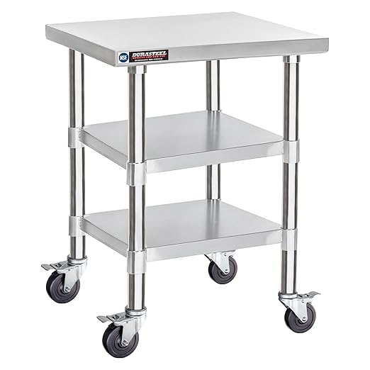 DuraSteel Stainless Steel Work Table 24" x 24" x 34" Height w/ 4 Caster Wheels - Food Prep Commercial Grade Worktable - NSF Certified - Good for Restaurant, Business, Warehouse, Home, Kitchen, Garage