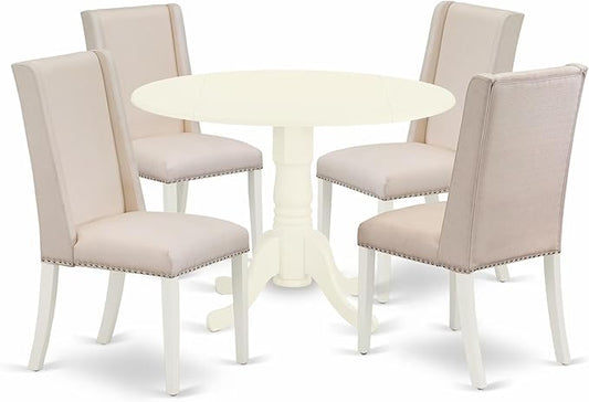 East West Furniture DLFL5-WHI-01 5 Piece Modern Dining Table Set Includes a Round Wooden Table with Dropleaf and 4 Cream Linen Fabric Parson Dining Room Chairs, 42x42 Inch, Linen White