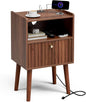 Side Table with Charging Station, Modern End Table with Fluted Drawer, Bedside Table, Night Stand with 2 Tiers Storage Space, for Bedroom, Living Room, Walnut
