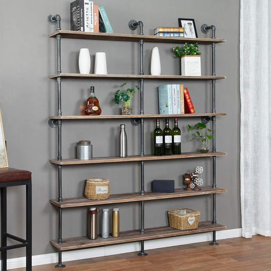Industrial 6-Tiers Modern Ladder Shelf Bookcase,Solid Wood Storage Shelf,Display Shelving, Wall Mounted Wood Shelves, Pipe Wood Shelves Bookshelf Vintage Wrought Iron Finish (Gray)