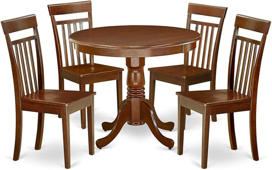 East West Furniture ANCA5-MAH-W 5 Piece Dining Table Set for 4 Includes a Round Kitchen Table with Pedestal and 4 Faux Leather Dining Room Chairs, 36x36 Inch, Mahogany