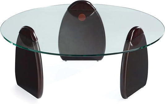 Manhattan Comfort Artesia Round Coffee Table with Sleek Tempered Glass Top, Solid Wood Base, and Contemporary Design, Living Room Accent Furniture for Modern Homes, Centerpiece, Dark Walnut