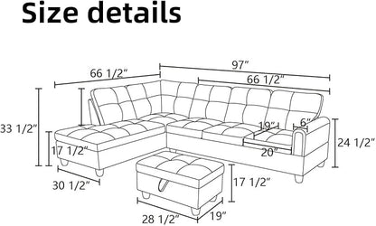 L Shaped Sectional Couches, Leather Couch Modular Sectional Sofa with Ottoman Storage, Modern L Shaped Couch with Chaise for Living Room Bedroom Apartment Furniture, Gray