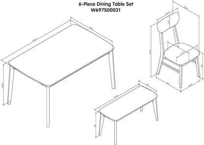 Ball & Cast 6-Piece Dining Table Set,59" Rectangular Dining Table with High Gloss White top, and 4 Upholstered Chairs & 1 Bench for Dining Room and Kitchen, Light Oak