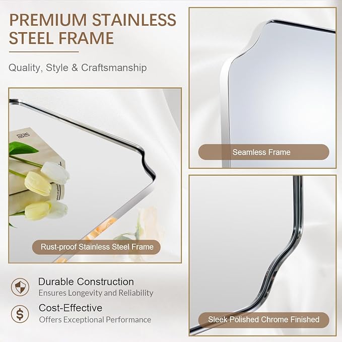 ANDY STAR Chrome Bathroom Mirror, 30x40 Inch Polished Chrome Rectangle Mirror, Scalloped Mirror for Bathroom, Anti-Rust Stainless Steel Metal Frame 1’’, Unique Shape Ideal for Home Remodel