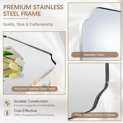 ANDY STAR Chrome Bathroom Mirror, 30x40 Inch Polished Chrome Rectangle Mirror, Scalloped Mirror for Bathroom, Anti-Rust Stainless Steel Metal Frame 1’’, Unique Shape Ideal for Home Remodel