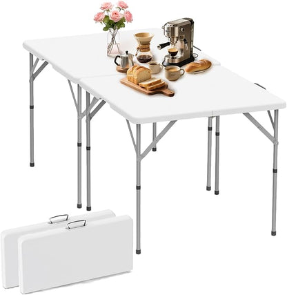 HLPB 34'' Square Folding Card Table 2 Pcs, Fold-in-Half Portable Dining Table with Handle and Safety Lock, Foldable Plastic Dining Table Indoor Outdoor for Camping, Picnic and Party Event, White