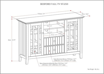 SIMPLIHOME Bedford SOLID WOOD 53 inch Wide Transitional TV Media Stand in White For TVs up to 60 inches for the Living Room and Entertainment Center
