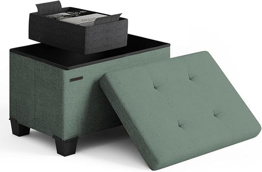 STORAGEBUD Storage Ottoman Cube with Small Bin, 16-in Square Ottoman with Storage for Living Room and Bedroom, Small Ottomans Foot Rest, Fabric Foot Stools Ottomans Max 330lbs, Green
