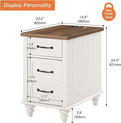 WAMPAT 2 Pack Off White End Table with Charging Station, Wood Side Sofa Table with Drawer and Storage Cabinet, Modern Nightstand with Power Outlets & USB Ports for Living Room, Bedroom