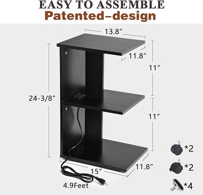 ZGREN End Table with Charging Station, Narrow Side Tables for Small Spaces USB Ports and Outlets Rolling Bedside Nightstand Sofa Couch Slim Shelf Night Stand Living Room, Bedroom, Black