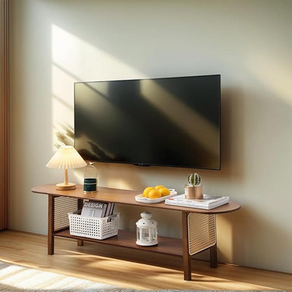 Tiita TV Stand with Storage for TVs up to 65'', Bamboo TV Console Entertainment Center with 2 Open Shelf, Mid Century Modern Media Console for Living Room, Bedroom, Walnut