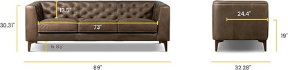 POLY & BARK Essex Leather Couch - 89-Inch Sofa with Tufted Back - Full-Grain Leather Sofa for Living Room with Feather-Down Topper - Living Room Couch - Vintage Italian Leather in Cocoa Brown