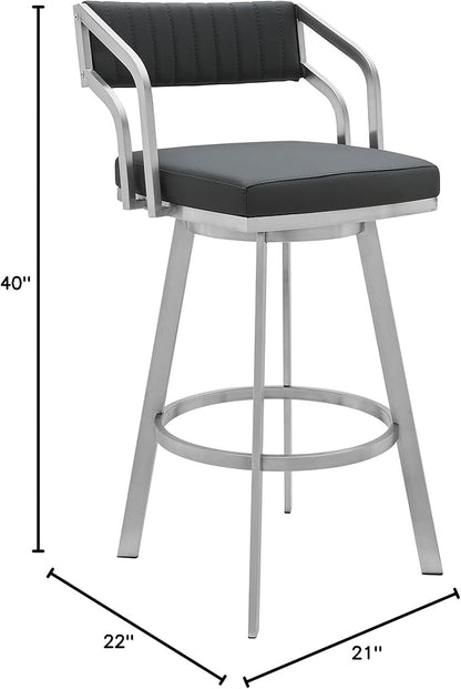 Armen Living Capri Modern 30" Seat Height Gray Faux Leather and Brushed Stainless Steel Metal Swivel Bar Stool for Kitchen Island Counter