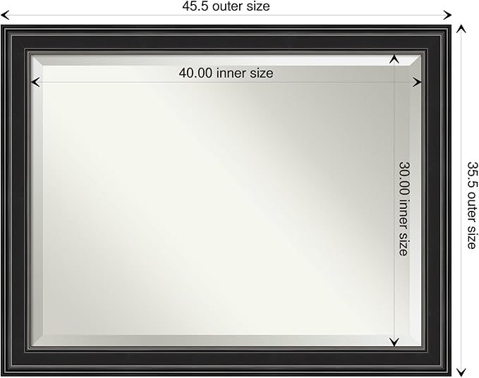 Amanti Art Black Bathroom Mirror for Over Sink, 36x46 Ridge Black Rectangle Vanity Mirror, X-Large Traditional Frame, Hangs Horizonally and Vertically, Bathroom Wall Decor, Beveled Edge