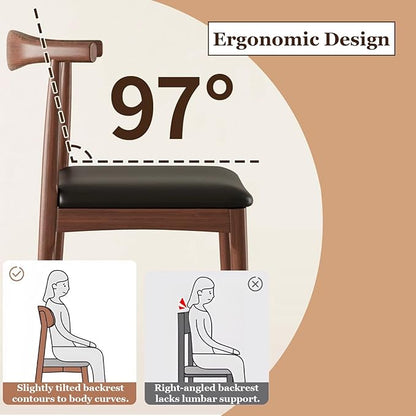 Solid Wood Dining Chair with Walnut Finish Set of 2 Mid Century Modern Upholstered PU Leather Dining Chairs with Curved Backrest for Dining Room, Kitchen, Study Room, Walnut Color