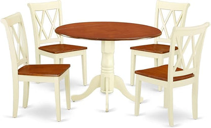 East West Furniture DLCL5-BMK-W 5 Piece Dining Room Table Set Includes a Round Dining Table with Dropleaf and 4 Wood Seat Chairs, 42x42 Inch, Buttermilk & Cherry