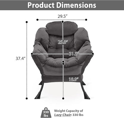 Lazy Chair Thick Padded, Comfy Velvet Accent Lounge Chair with Stable Frame, Leisure Sofa Armchair with Armrests and Side Pocket, Reading Chair for Bedroom, Living Room, Office, Charcoal