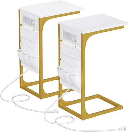 TUTOTAK C Shaped End Table with Charging Station, Side Table for Sofa, Couch Table with Storage Bag, Set of 2, TV Tray Table with 2 USB Ports and Outlets for Living Room, Bedroom, TB01BWG0242